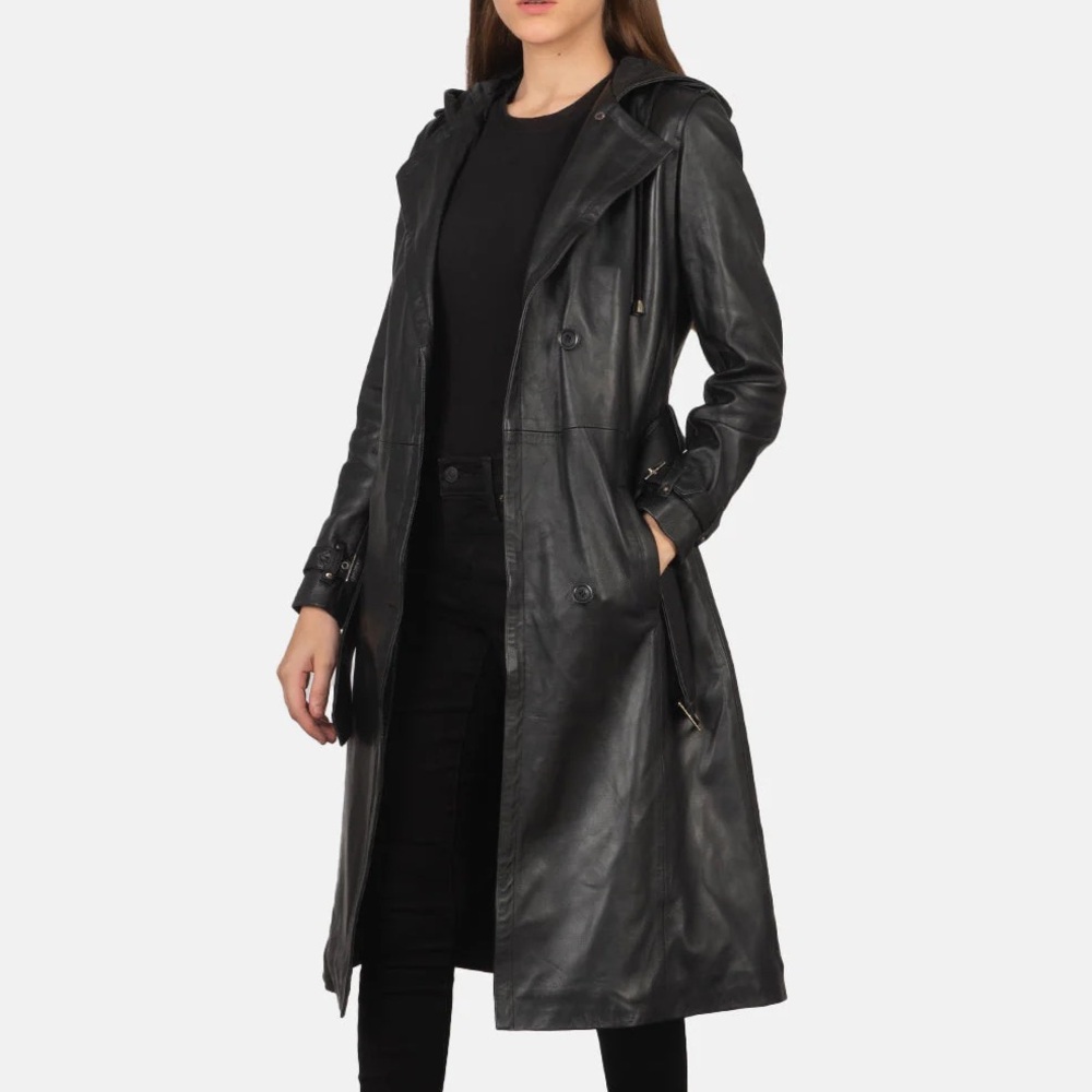 BAGATELLE Vintage Black Leather Hooded Trench Coat sz M